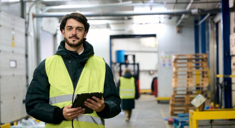 Trabajador con chaleco reflectante usando una tablet en almacén