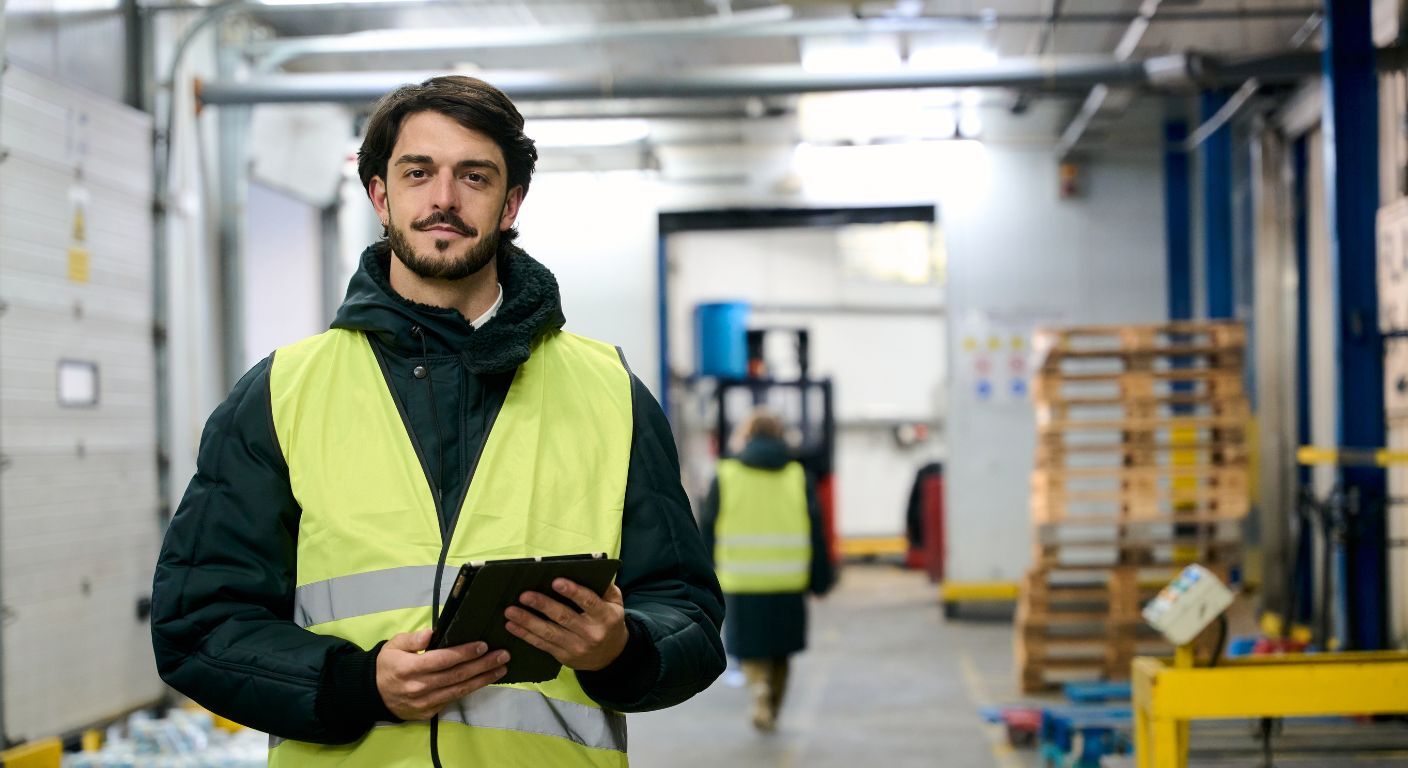 Trabajador con chaleco reflectante usando una tablet en almacén