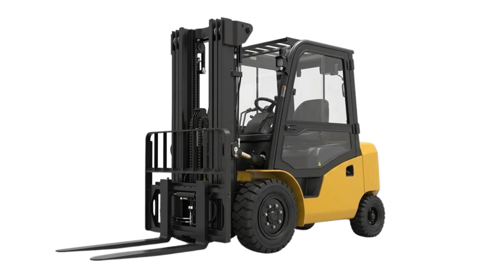 Carretilla elevadora negra y amarilla estacionada en interior industrial